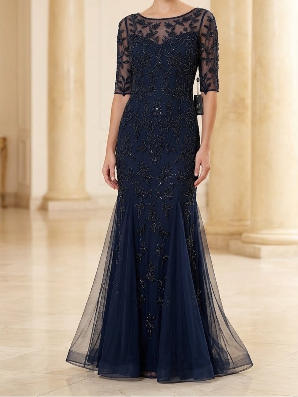 NWT Adrianna Papell Navy Beaded Illusion Neckline Maxi Gown Size 6